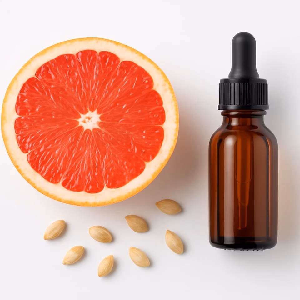 Halbierte Grapefruit mit sichtbaren Kernen auf hellem Untergrund – Symbol für natürlichen Ursprung von Grapefruitkernextrakt 
