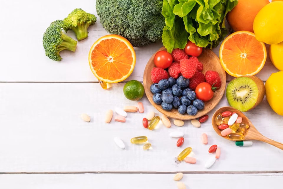 Natürliche Vitamine als Nahrungsergänzung: Frische Früchte und Kapseln in Premium-Qualität