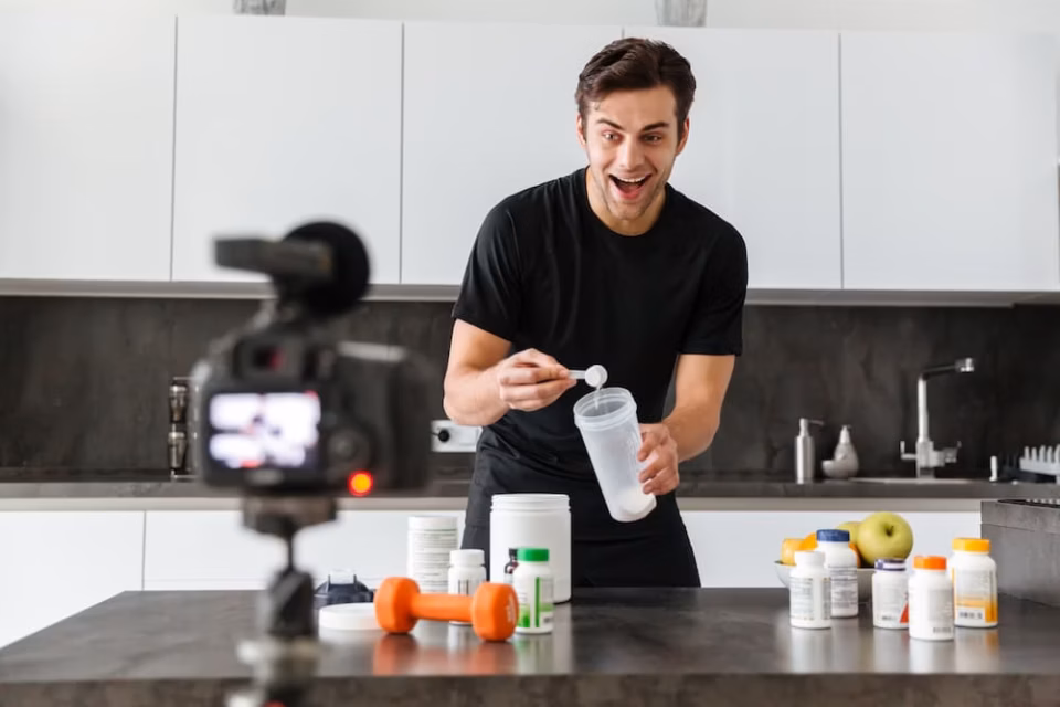 Ein Sportler nimmt vor dem Training ein Premium Nahrungsergänzungsmittel für Sport ein